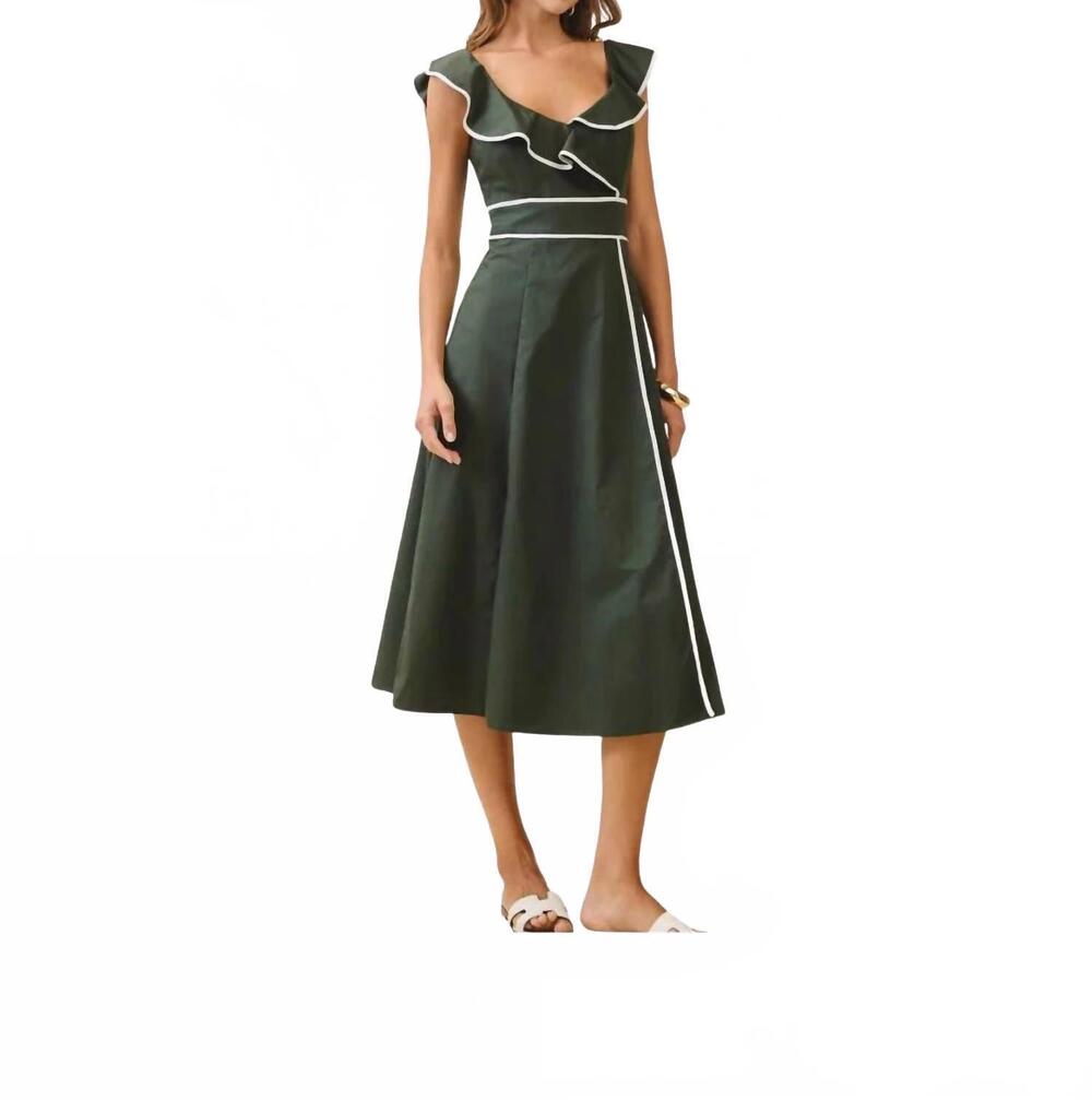 NEW TCEC ruffle neck bodice midi dress in hunter green